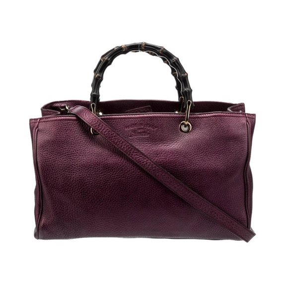 Gucci Purple Leather Shopper Tote Bamboo Handle Gold Hardware Vintage Branding - Picture 1 of 6